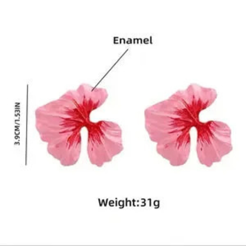 Hibiscus Flower Earrings - Red & White Enamel Gold-Tone Design - Picture 5 of 7